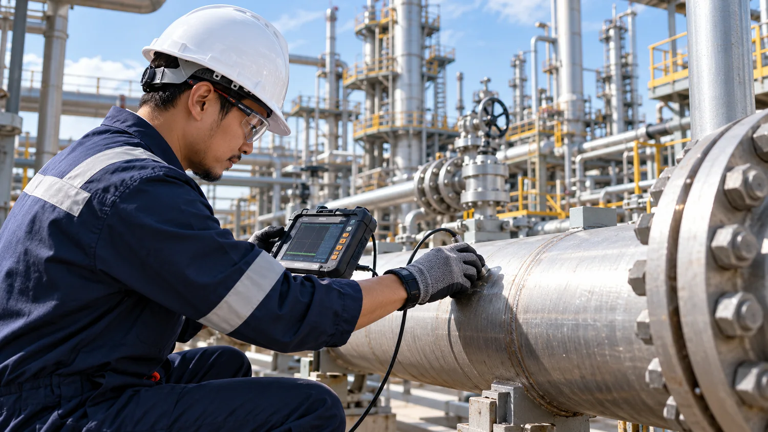 Engineer carrying out an industrial pipeline inspection